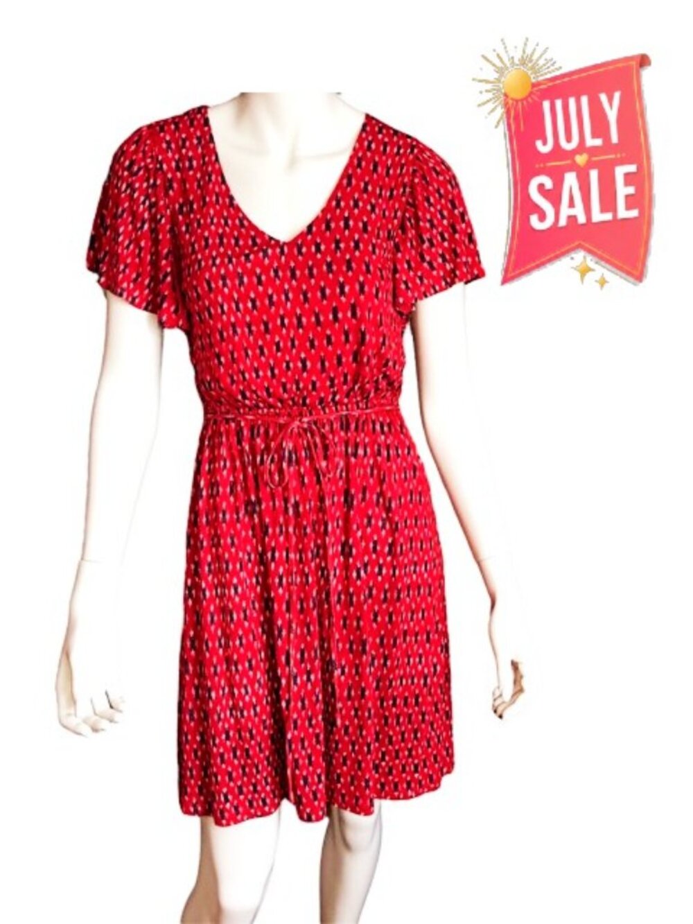 LOFT Red Black White Printed V-Neck Dress XS Elastic Waist Belted Short Sleeve